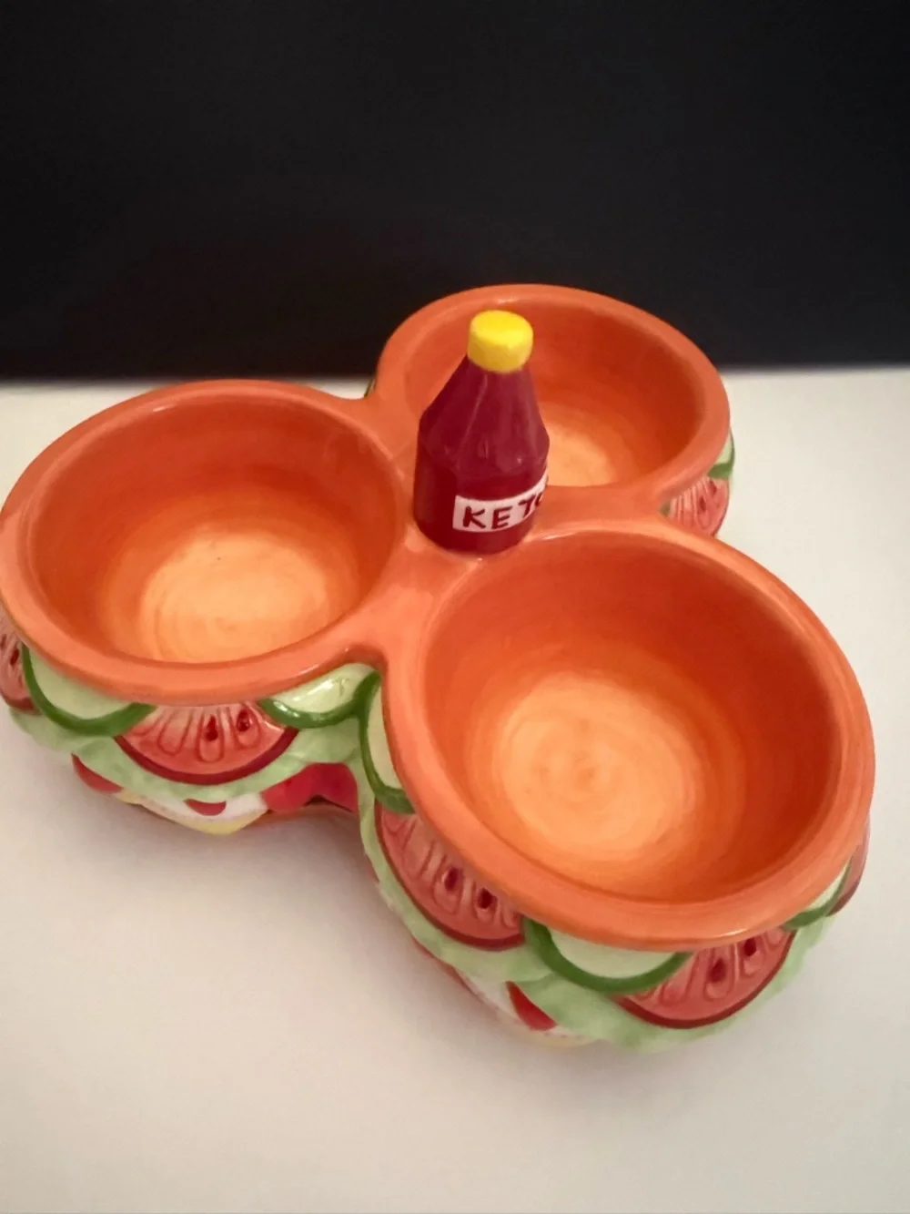 Ceramic Triple Dip Server Dish Cheeseburger with Ketchup Bottle